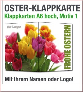 Frisch wie der Frühling ist dieses Motiv der bunten Osterkarte. Die Tulpen als Frühlingssymbol sind auch ein Zeichen für neues Leben.