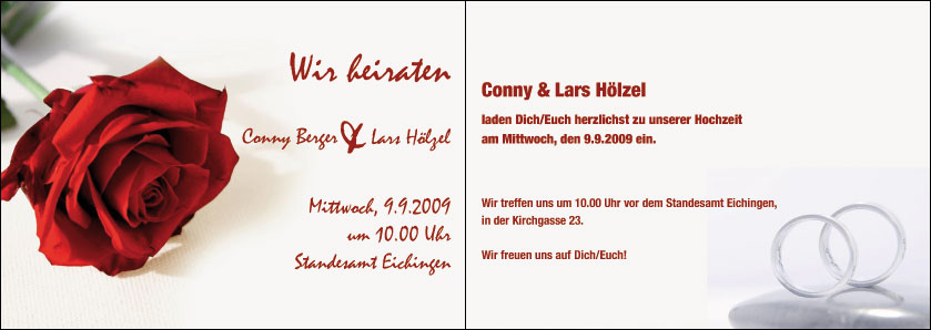 Druck von A6-Hochzeitskarten mit Rosen und Herz