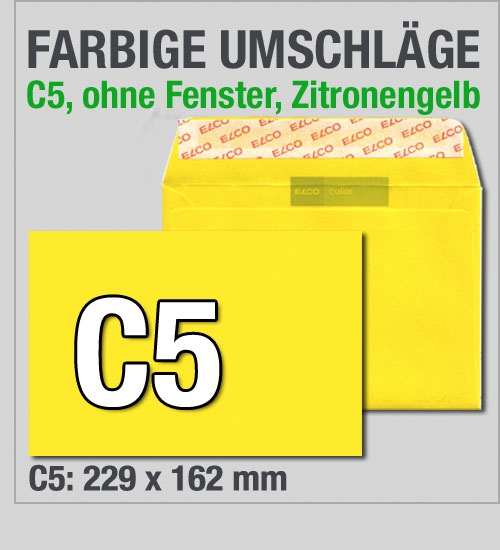 Zitronengelbe C5-Kuverts, Intensivgelb, 229 x 162 mm