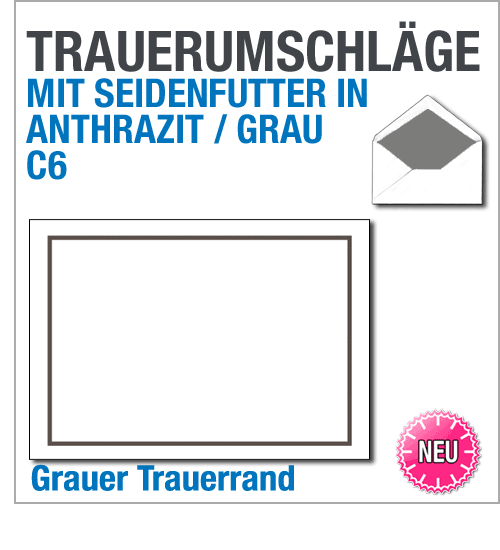 Trauerkuverts, C6, grauer Rahmen und graues Seidenfutter