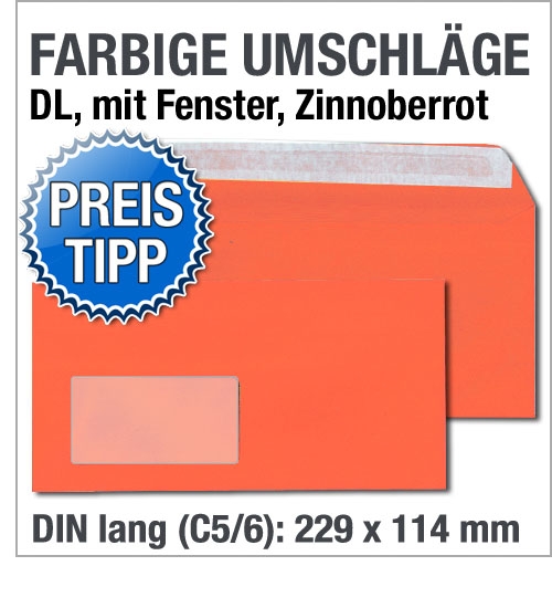 Fensterumschlge, DIN lang, Rot, Zinnober