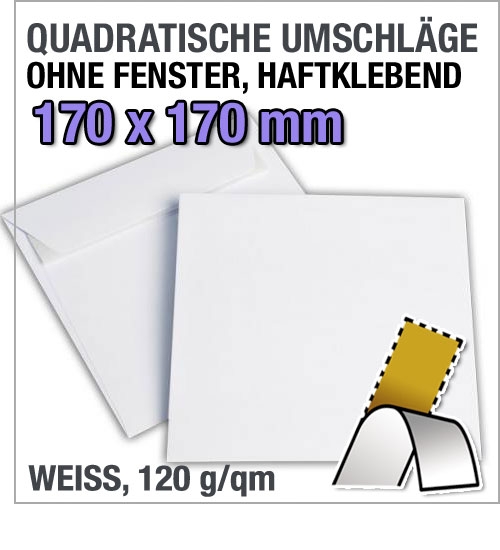 Qadratische 170 x 170 mm-Umschlge, wei, haftklebend