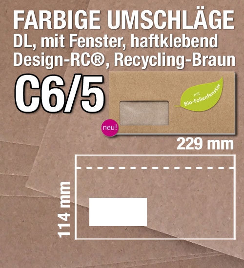 Recycling-Braune Umschlge mit Fenster, Design-RC, C6/5: 229 x 114 mm